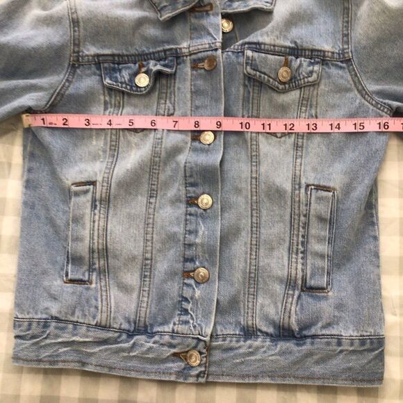 Denim jacket Tattoo distressed denim stretch light blue casual western Small - Picture 6 of 10